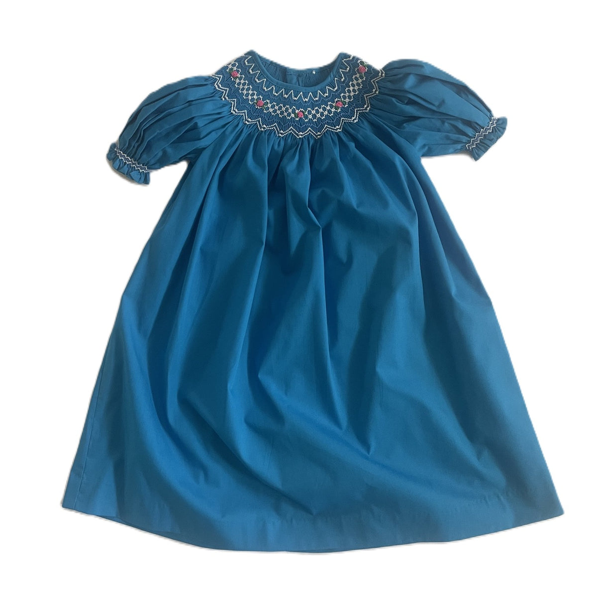 Blue Geometric Smocked Short Sleeve Dress