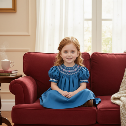 Blue Geometric Smocked Short Sleeve Dress