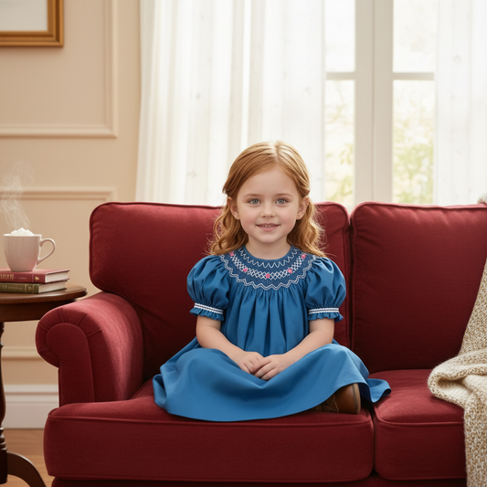 Blue Geometric Smocked Short Sleeve Dress