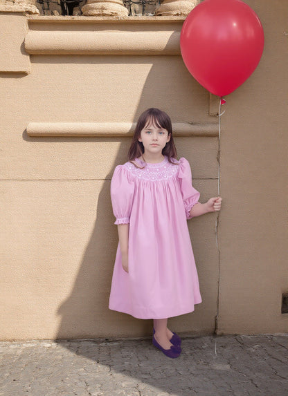 Pink Corduroy Geo Smocked With Pearl Long Sleeve Bishop Dress