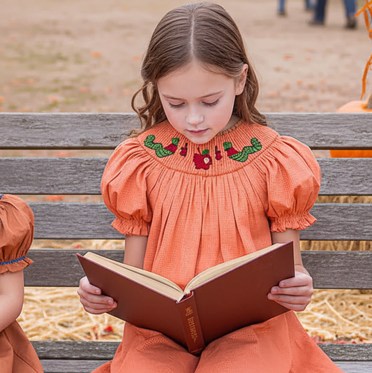 Orange BOOKWORM Smocked Short Bishop Sleeve Dress