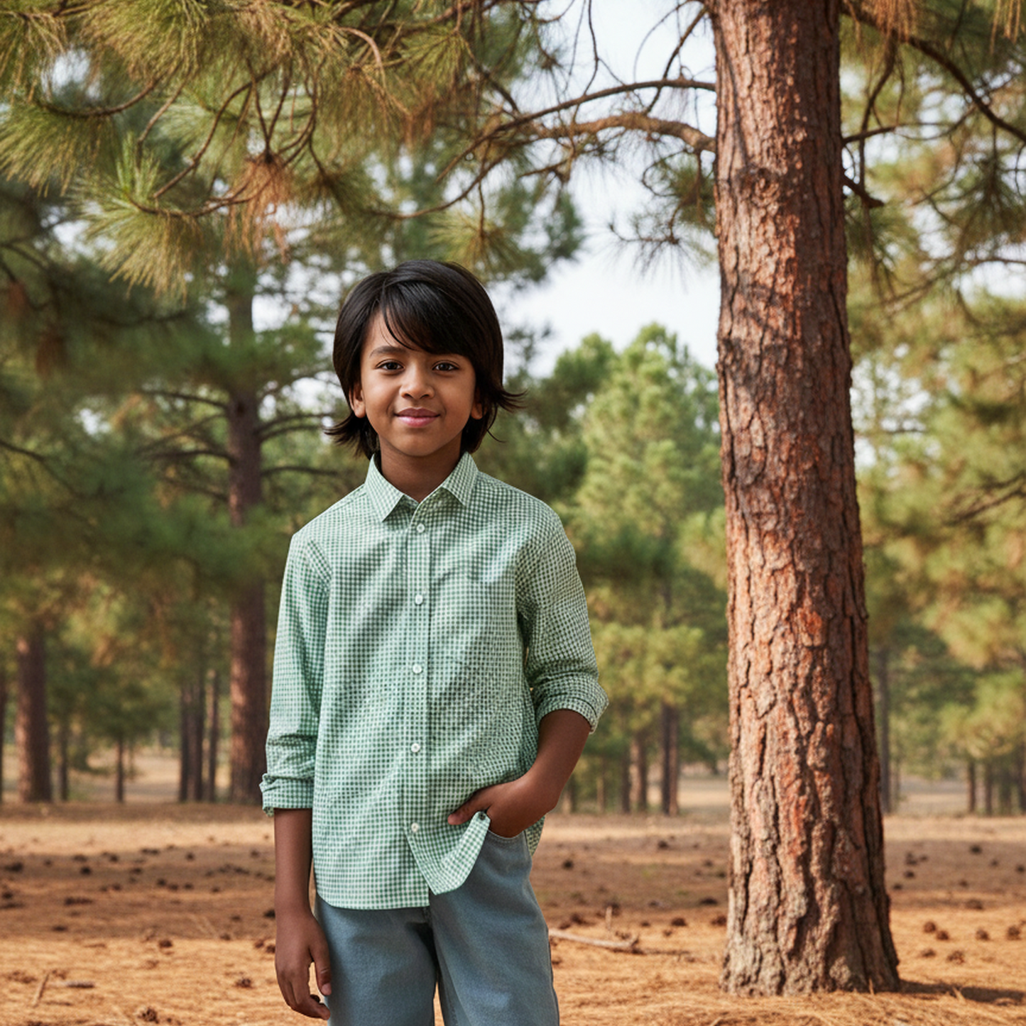 Boys' Green Gingham Long Sleeve Button Down Shirt