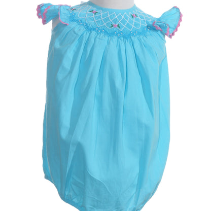 Blue Geo Smocked With Flowers Angel Wing Sleeve Bubble