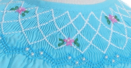 Blue Geo Smocked With Flowers Angel Wing Sleeve Bubble