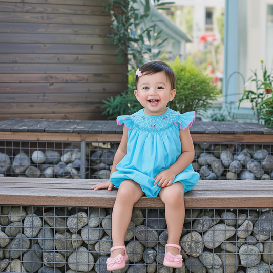 Turquoise Geo Smocked With Flowers Angel Wing Sleeve Bubble