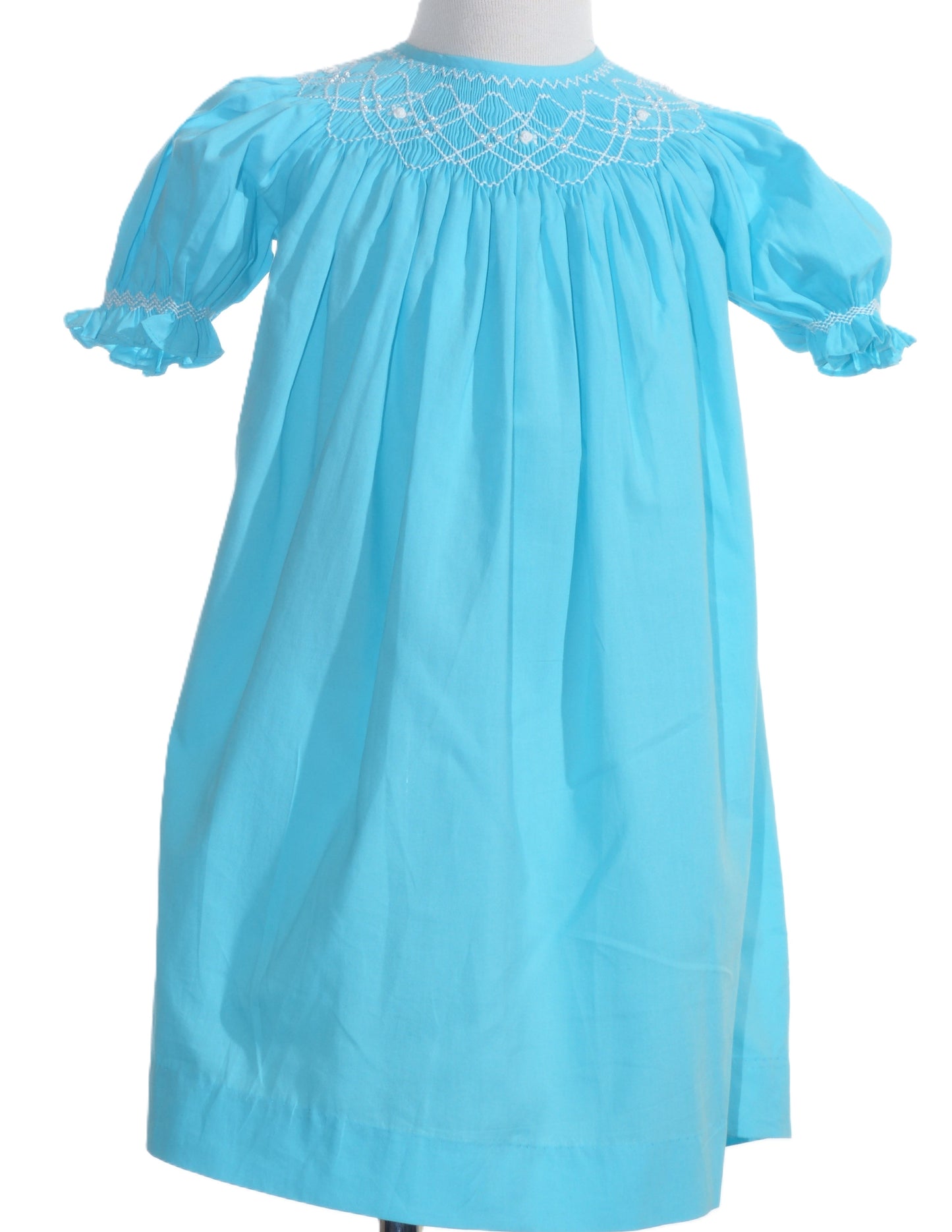 Blue Geo Smocked With Pearls Short Sleeve Bishop Dress