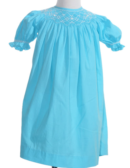 Blue Geo Smocked With Pearls Short Sleeve Bishop Dress