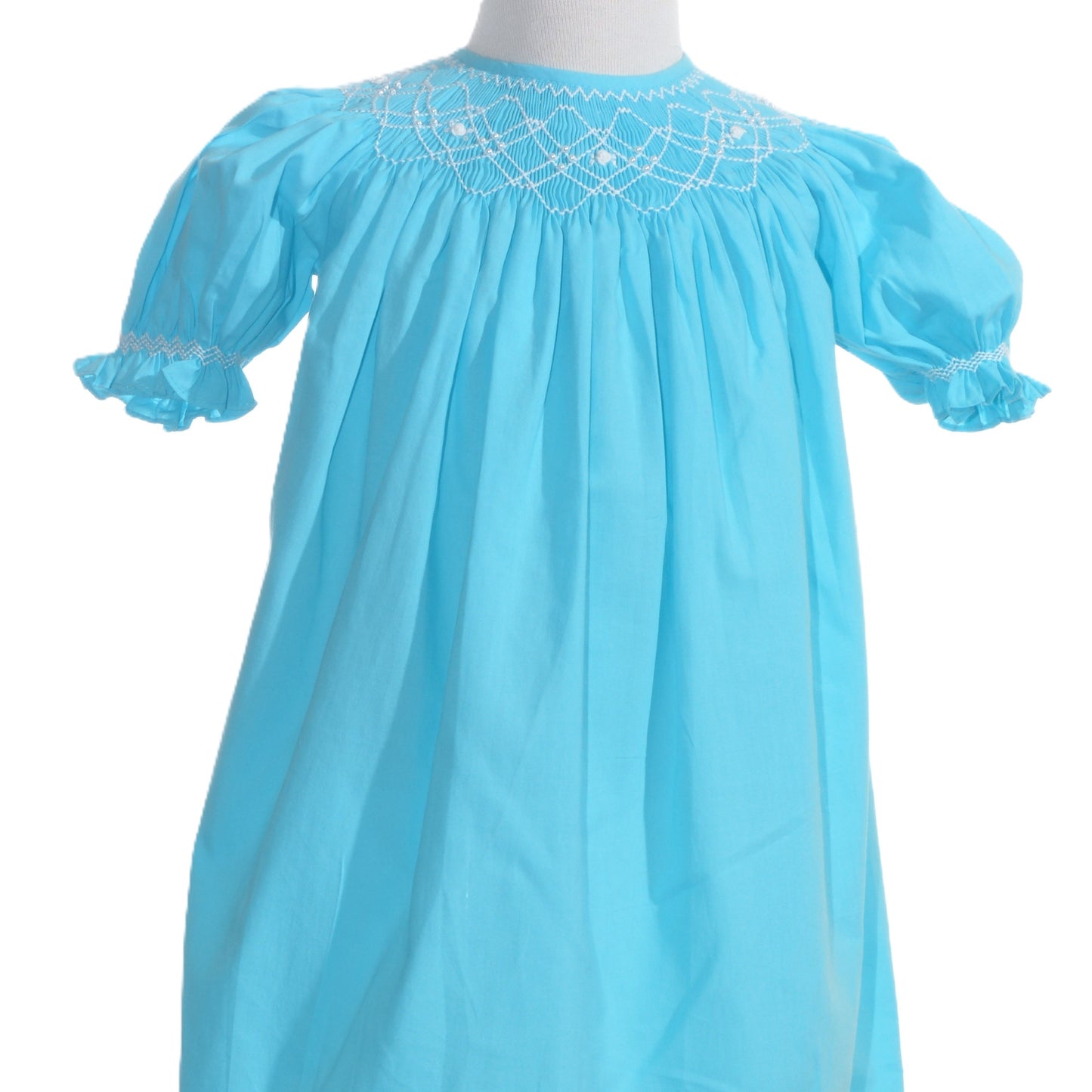 Blue Geo Smocked With Pearls Short Sleeve Bishop Dress