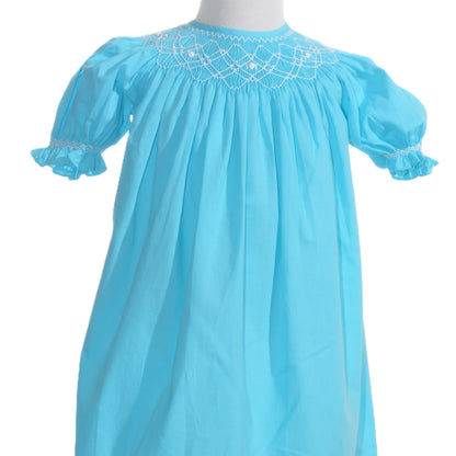 Blue Geo Smocked With Pearls Short Sleeve Bishop Dress