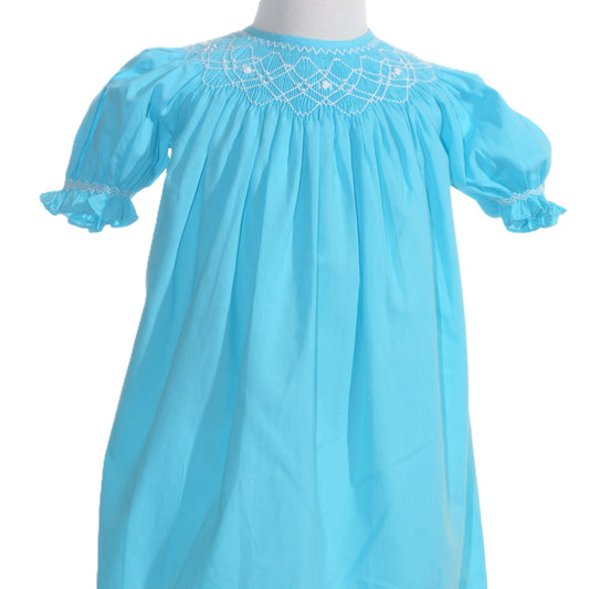 Blue Geo Smocked With Pearls Short Sleeve Bishop Dress