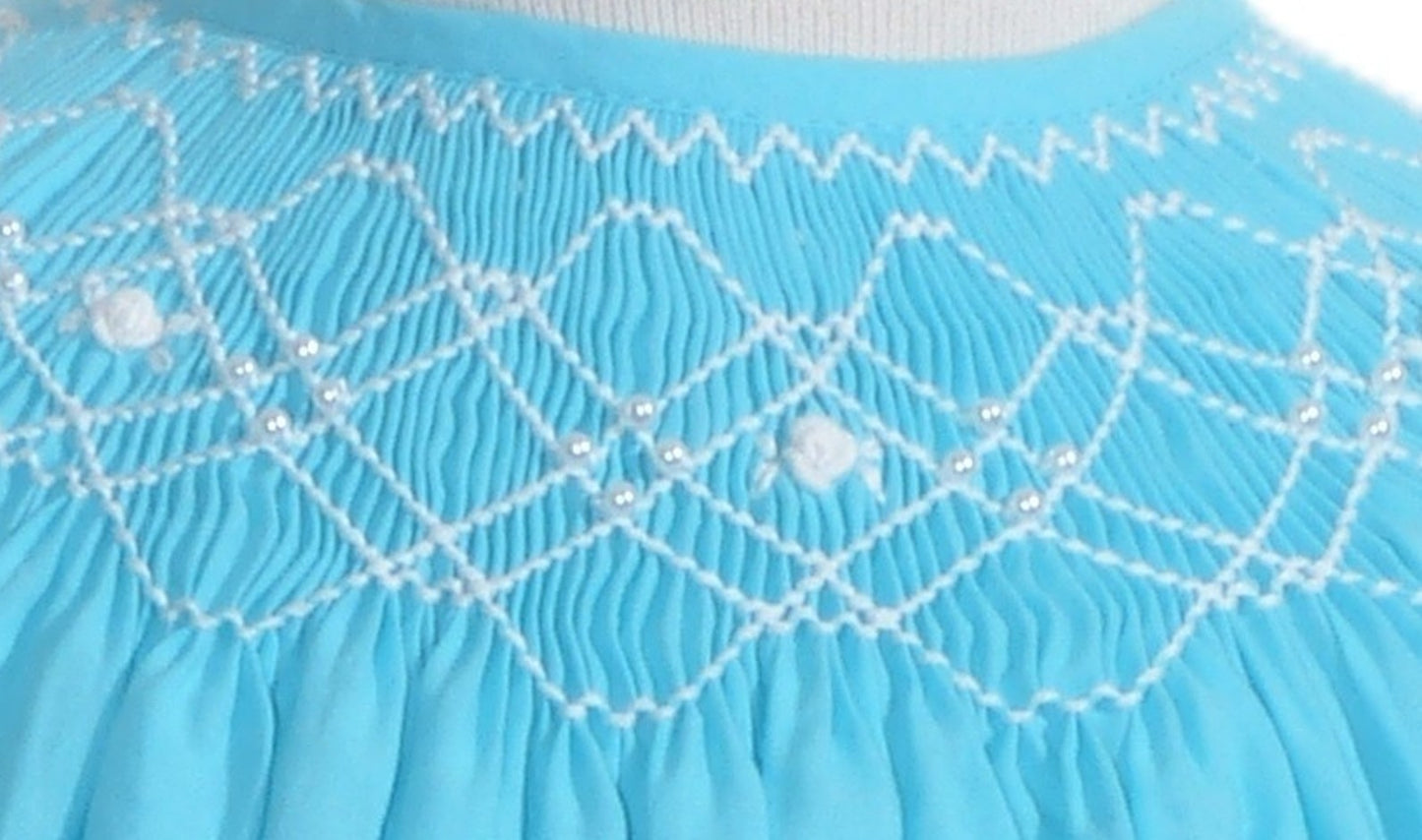 Blue Geo Smocked With Pearls Short Sleeve Bishop Dress