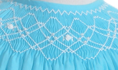 Blue Geo Smocked With Pearls Short Sleeve Bishop Dress