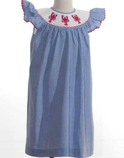 Blue Gingham Lobster Smocked Angel Wing Sleeve Dress