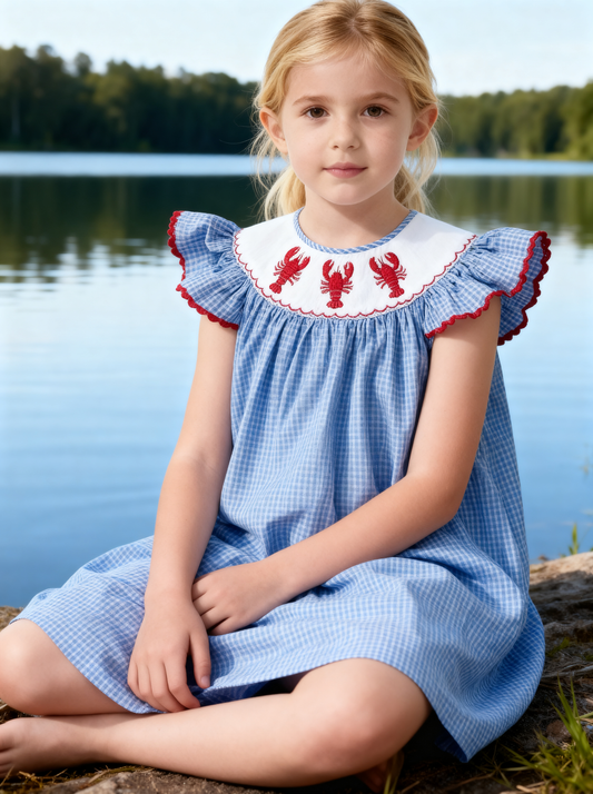 Blue Gingham Lobster Smocked Angel Wing Sleeve Dress