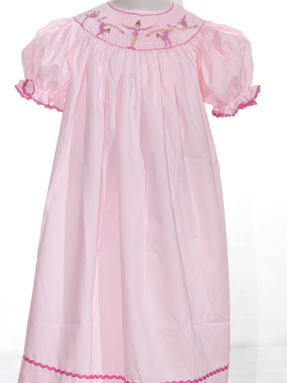 Pink Gingham GYMNASTS Smocked Short Sleeve Bishop Dress