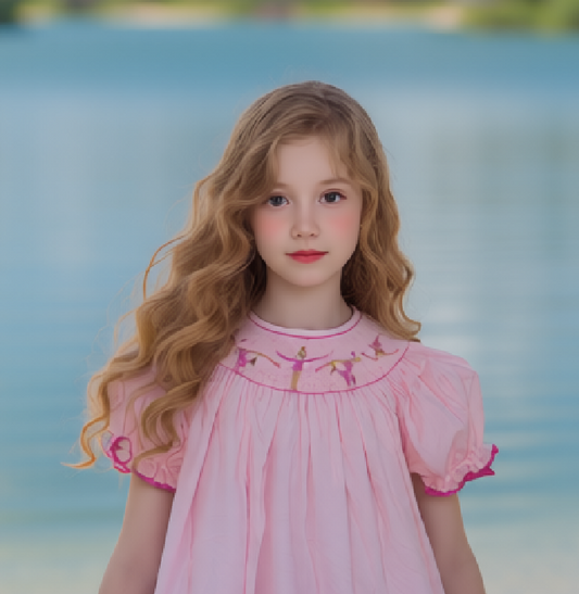 Pink Gingham GYMNASTS Smocked Short Sleeve Bishop Dress