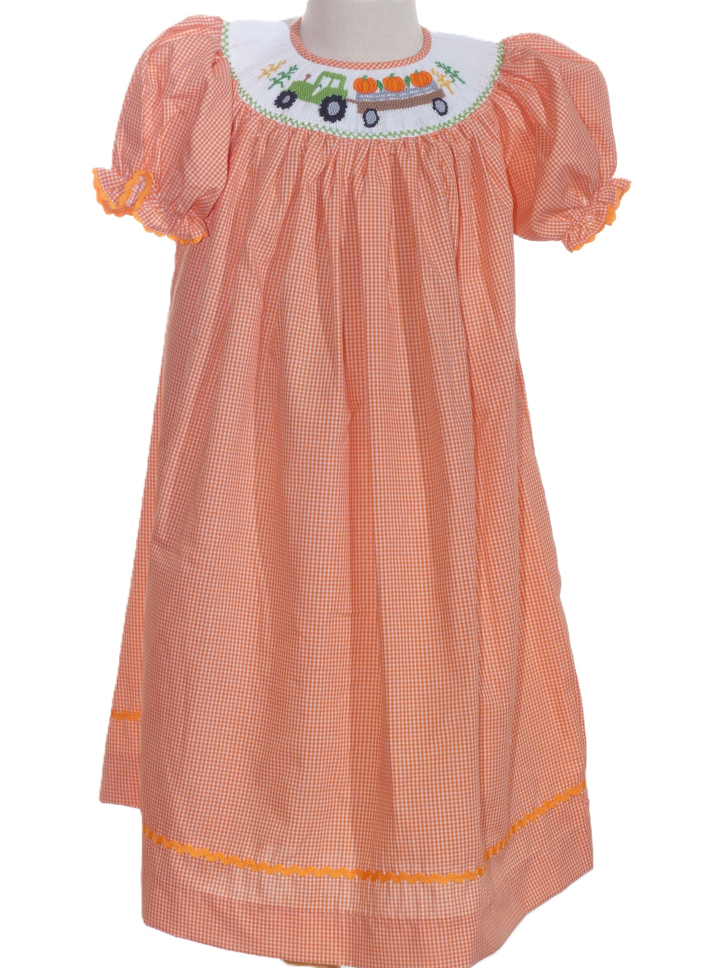 Orange Gingham Short Bishop Sleeve Dress featuring TRACTOR WITH PUMPKINS Hand-Smocked