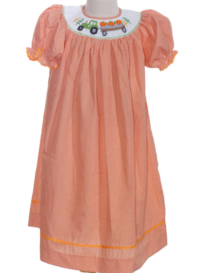 Orange Gingham Short Bishop Sleeve Dress featuring TRACTOR WITH PUMPKINS Hand-Smocked