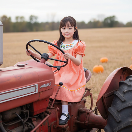 Orange Gingham Short Bishop Sleeve Dress featuring TRACTOR WITH PUMPKINS Hand-Smocked