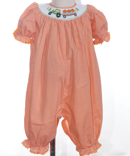 Orange Gingham Short Bishop Sleeve Romper featuring TRACTOR WITH PUMPKINS Hand-Smocked