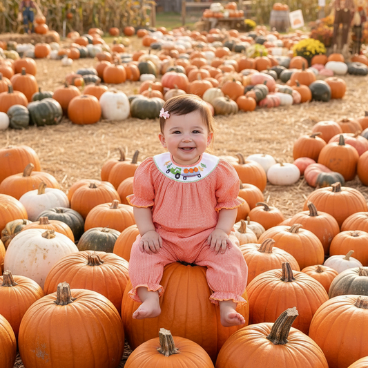 Orange Gingham Short Bishop Sleeve Romper featuring TRACTOR WITH PUMPKINS Hand-Smocked