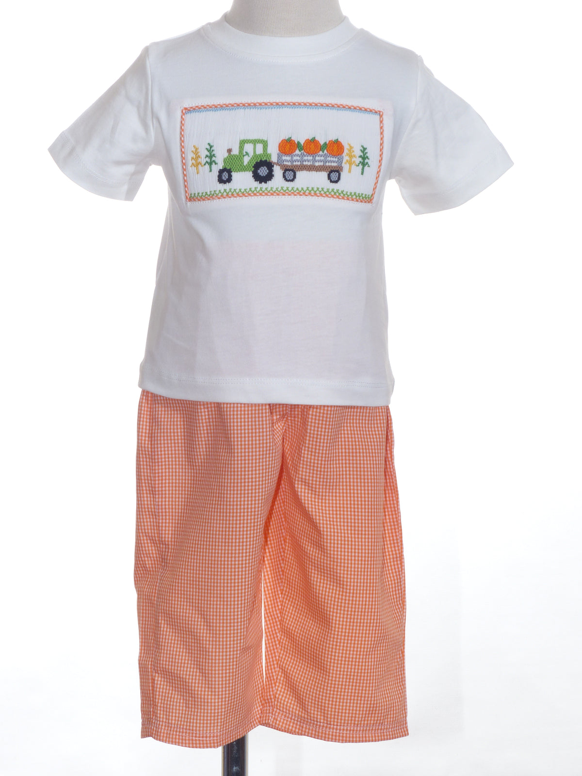 Orange Gingham Boy Pant Set featuring TRACTOR & PUMPKINS Hand-Smocked