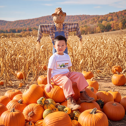 Orange Gingham Boy Pant Set featuring TRACTOR & PUMPKINS Hand-Smocked