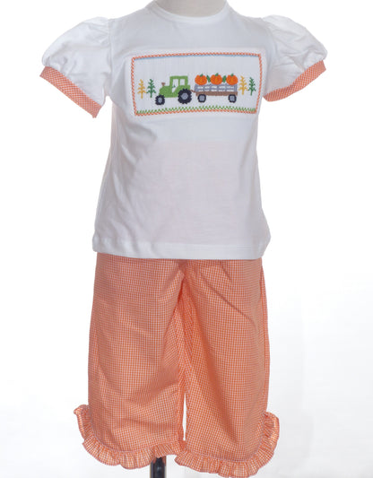 Orange Gingham Pant Set featuring TRACTOR WITH PUMPKINS Hand-Smocked