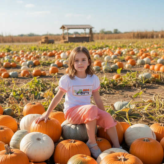 Orange Gingham Pant Set featuring TRACTOR WITH PUMPKINS Hand-Smocked