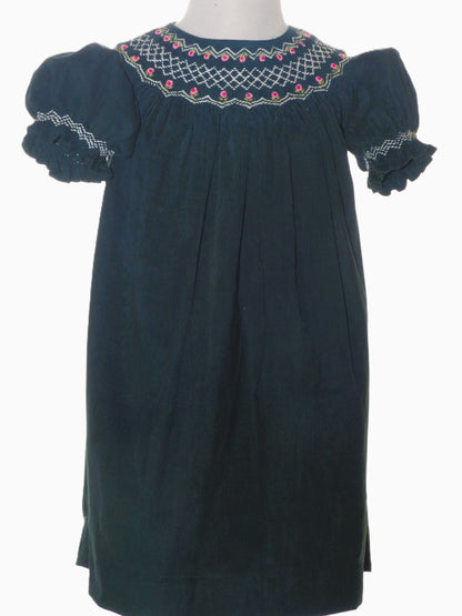 Green Corduroy Smocked with Roses Short Sleeve Bishop Dress