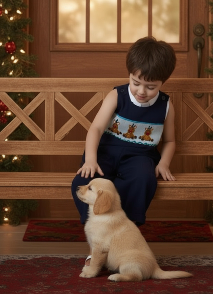 Navy Corduroy Rudolph Smocked Boy Long Overall