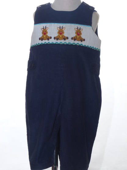 Navy Corduroy Rudolph Smocked Boy Long Overall