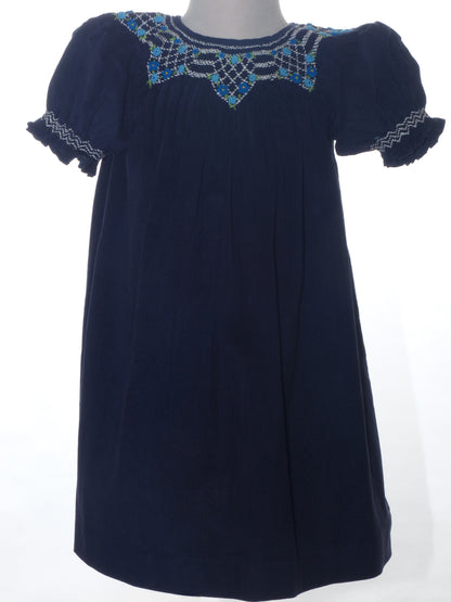 Navy Corduroy Geometric Smocked with Flowers Short Sleeve Bishop Dress