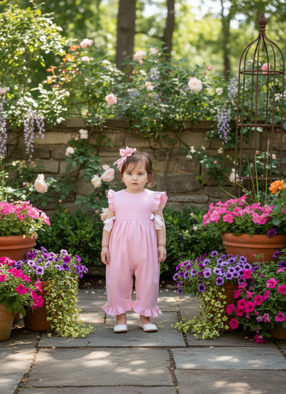 Light Pink Corduroy Romper with Ribbon Bows