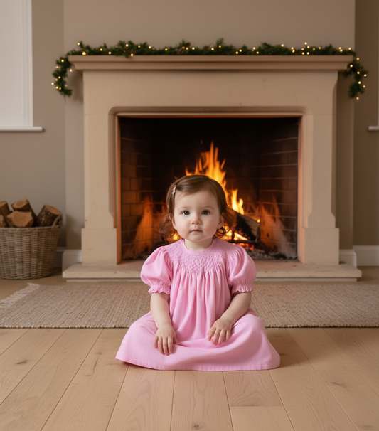 Pink Corduroy Geo Smocked With Pearl Short Sleeve Bishop Dress