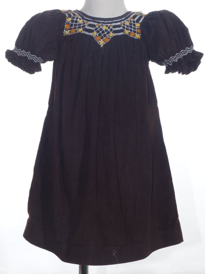 Chocolate Brown Corduroy Geo Smocked Short Sleeve Bishop Dress
