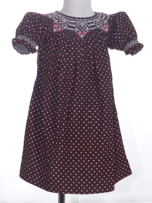 Chocolate Brown & Pink Polka Dot Corduroy With Geometric Smocked Short Sleeve Bishop Dress