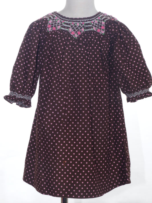 Chocolate Brown & Pink Polka Dot Corduroy With Geometric Smocked Long Sleeve Bishop Dress (Copy)