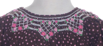 Brown & Pink Polka Dot Corduroy Geometric Smocked Long Sleeve Bishop Dress