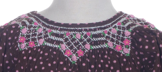 Brown & Pink Polka Dot Corduroy Geometric Smocked Long Sleeve Bishop Dress