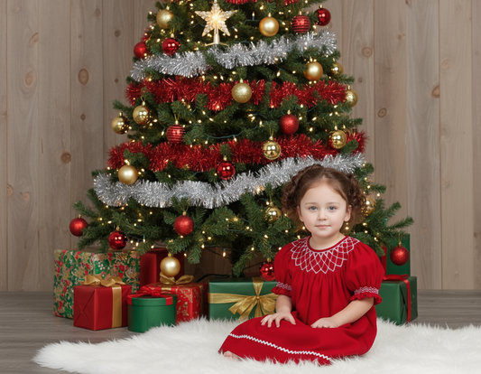 Red Corduroy Pearl Smocked With Short Bishop Sleeve Dress