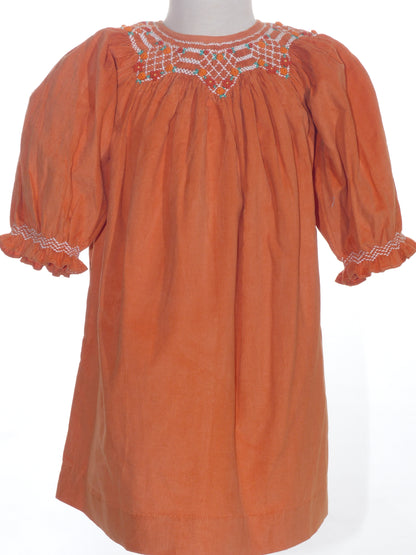 Orange Corduroy Geo Smocked Long Sleeve Bishop Dress