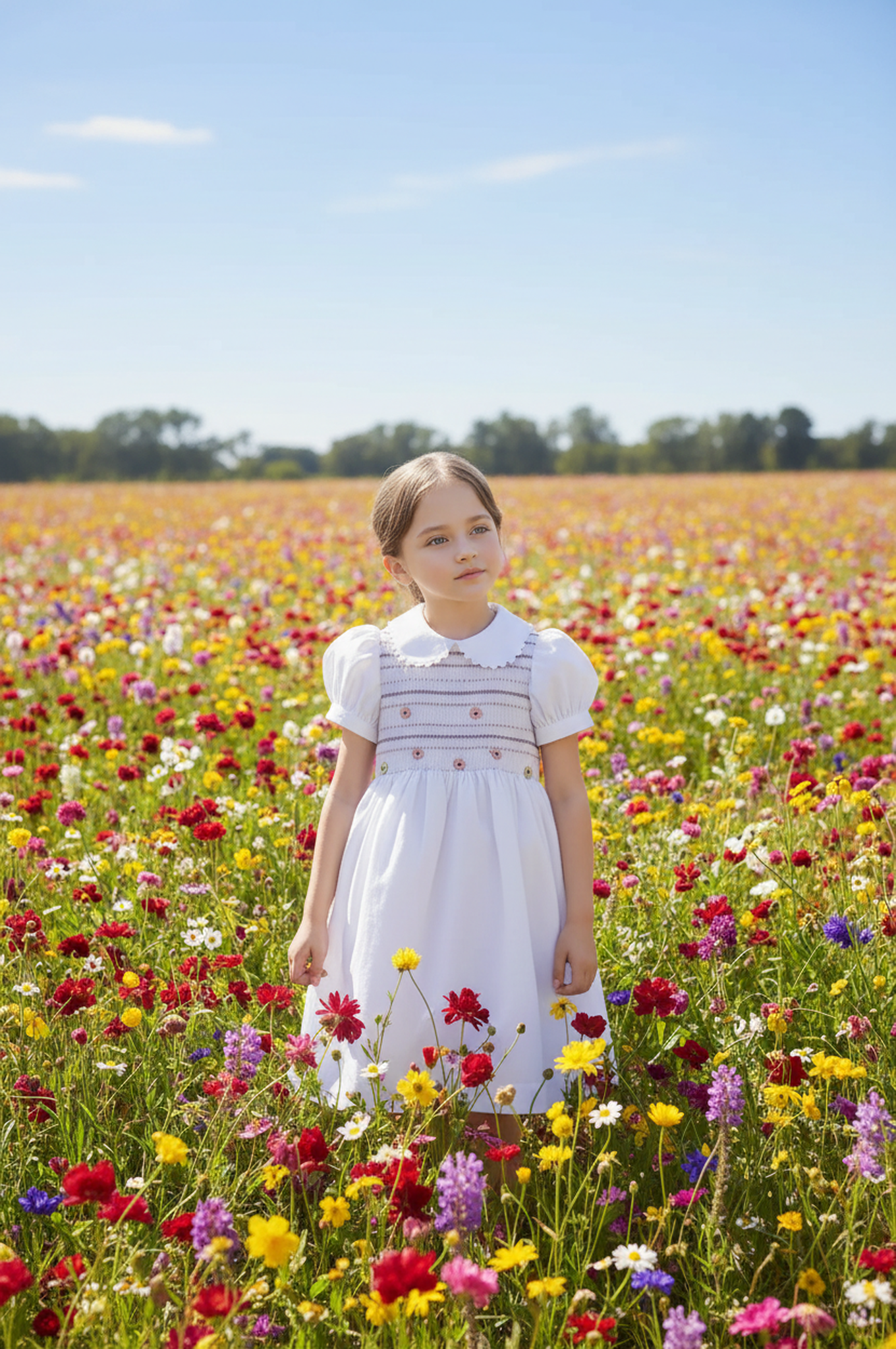 White Geo Smocked Daisies Short Sleeve Dress