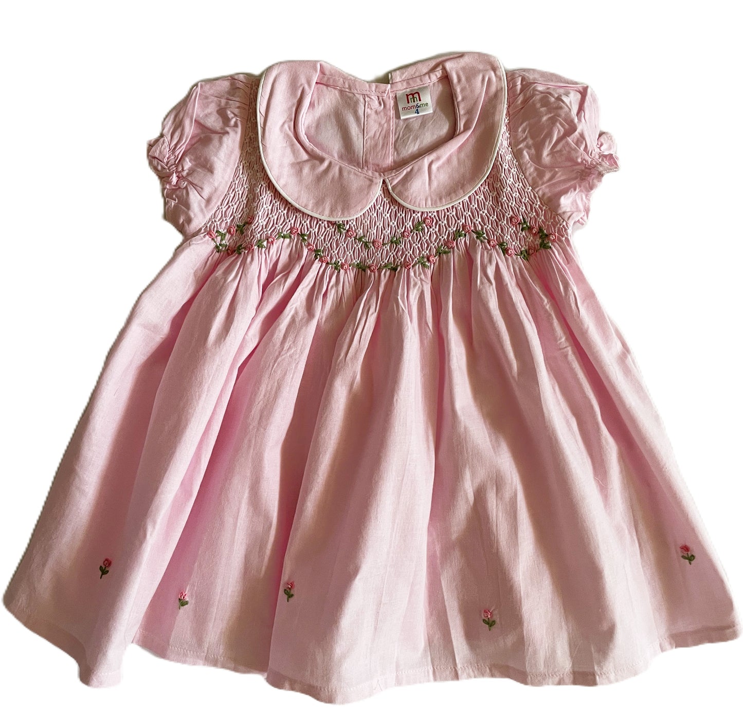 Pink Geo Smocked With Roses Short Sleeve Dress
