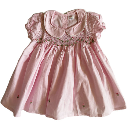 Pink Geo Smocked With Roses Short Sleeve Dress