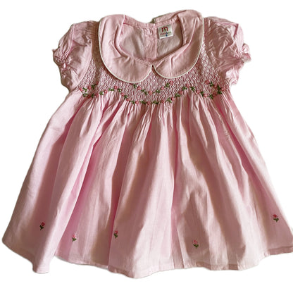 Pink Geo Smocked With Roses Short Sleeve Dress
