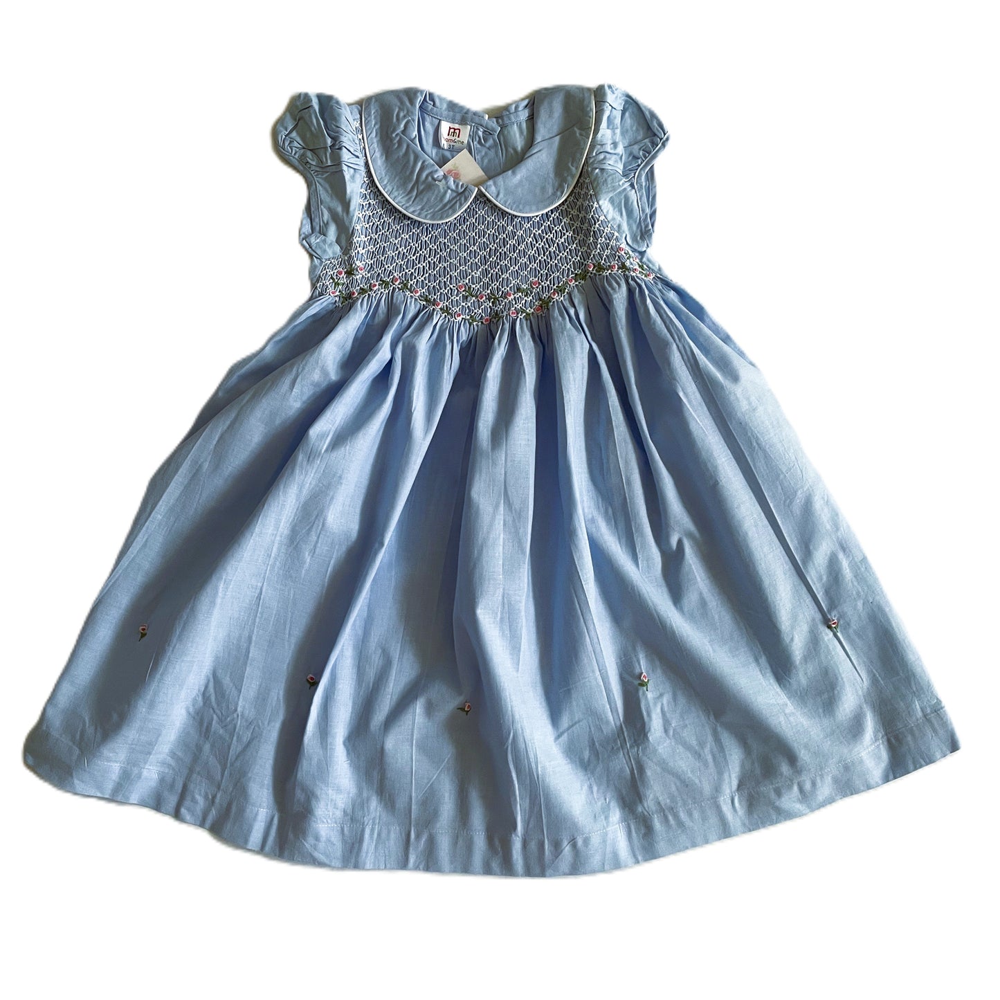 Blue Geo Smocked With Roses Short Sleeve Dress