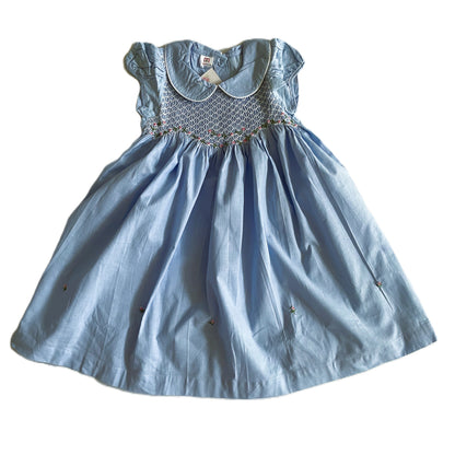 Blue Geo Smocked With Roses Short Sleeve Dress