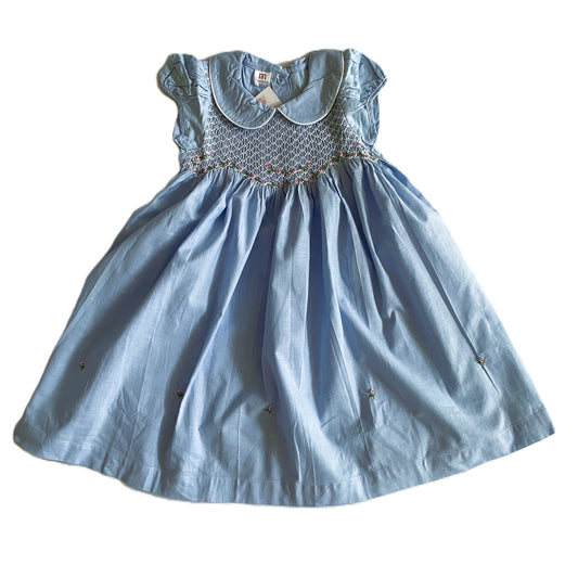 Blue Geo Smocked With Roses Short Sleeve Dress