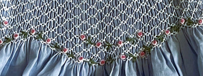 Blue Geo Smocked With Roses Short Sleeve Dress
